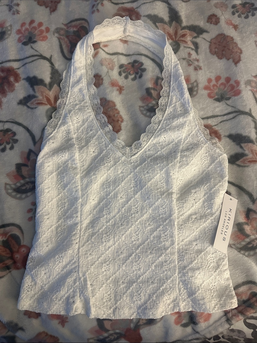 Kirious White Lace-Trim Halter Tank Top